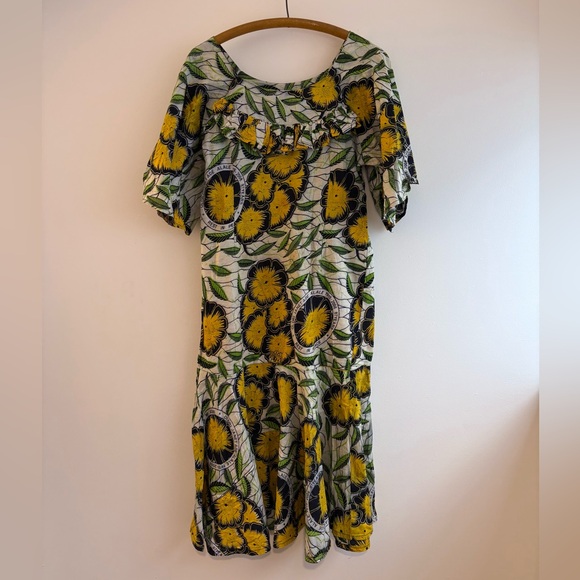Vintage Dresses & Skirts - African wax print dress with yellow floral memorial print